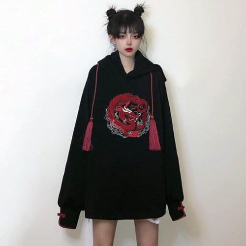 Vintage Dragon Pattern Long Sleeve Womens Hoodies Black Color Harajuku Embroidery Chinese Style Loose Sweatshirt Female Clothes