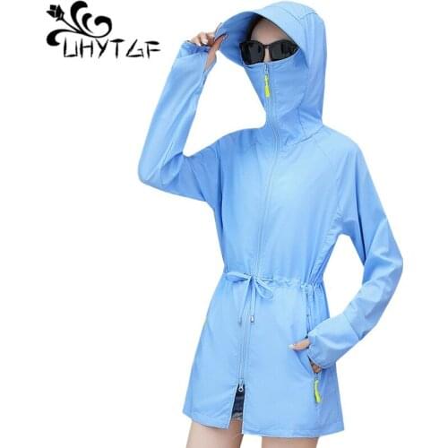 UHYTGF Breathable thin Sun protection clothing outdoor Sports UV protection summer trench coat women Hooded plus size top coat94