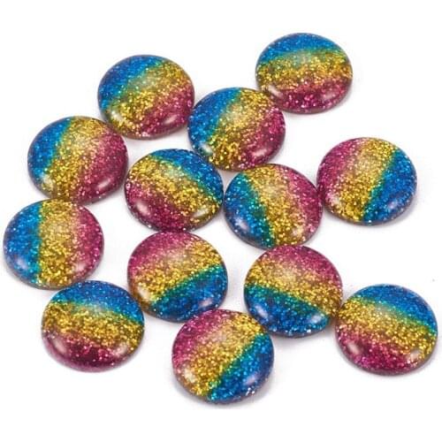200pcs 16x5mm Dome/Half Round Colorful Rainbow Resin Cabochons with Glitter Powder for Jewelry Making DIY Findings Decoration