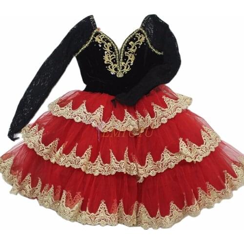 Black Red Ballet Long Tutu Dress Spanish Kitri Romantic Tutu Don Quixote Variation Lace Long Sleeve Professional Ballet Costumes