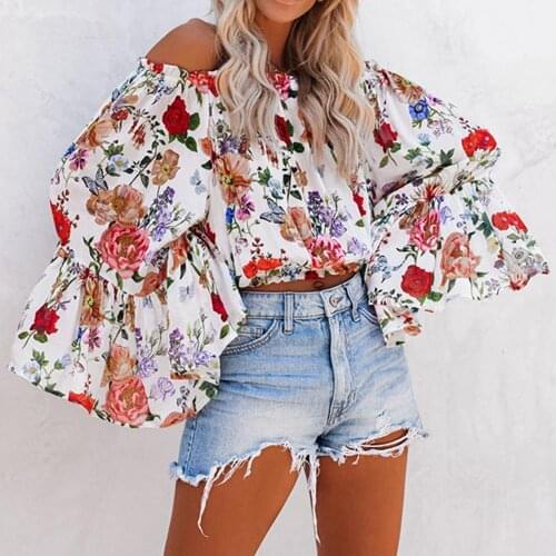 Women Sexy Off Shoulder Long Flared Sleeve Floral Print Loose Blouse T-shirt Top