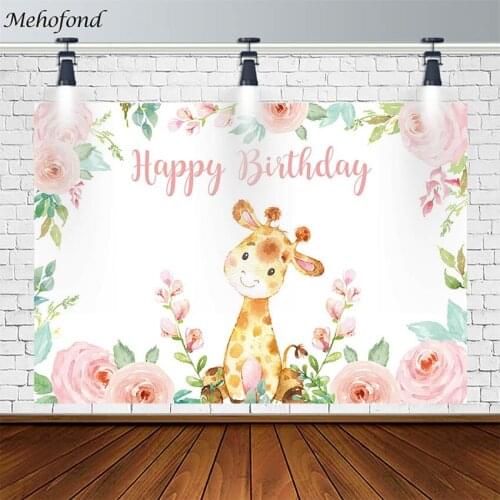 Happy Birthday Party Backdrops Giraffe Pink Flowers Green Leaf Girl Decor Safari Photography Backgrounds Photo Studio Photophone