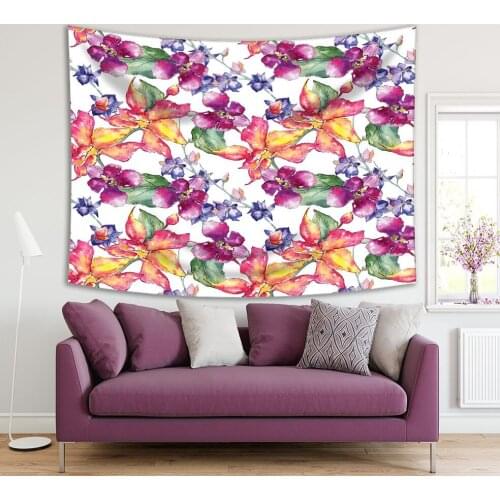 Tapestry Tropical Flowers Orchids Pattern in Watercolor Style Exotic Nature Theme Pink Yellow Green