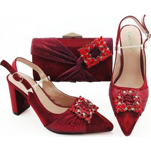 Hot Selling Red Color Rhinestone Woman Shoes And Matching Bag Set Nigerian Style Pumps Shoes And Bag Set For Party