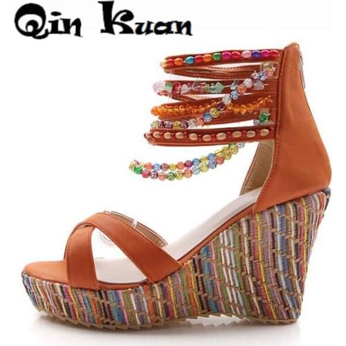 Loslandifen Women Wedge Sandals Fashion High Heels Beading Platform Ladies Zip Ladies Gladiator Shoes Plus Size 33-43