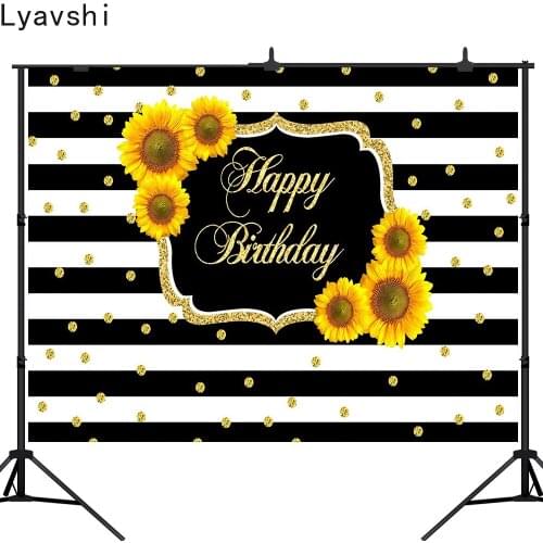 Lyavshi Happy Birthday photography backdrop white black stripe Sunflowers photo background studio party decoration banner prop