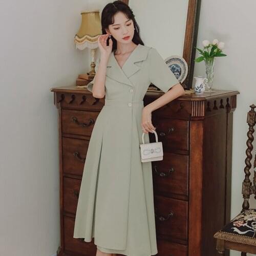 Fashion Elegant Lady Summer Dress Vestidos French Fashion Chic Irregular Suit Collar Retro Jumpsuit Green Dresses