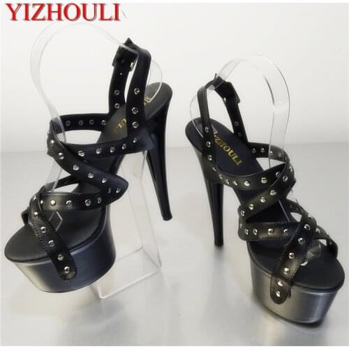 15 cm fashion womens sandals, 6-inch platform sexy dance shoes, rivet decorations, high heels