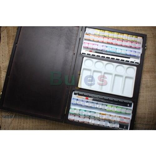 LUKAS 6770 Watercolor wooden box Set ,70 color half-pan,hole ceramic palette ,1 nylon brush ,strong and transparent color