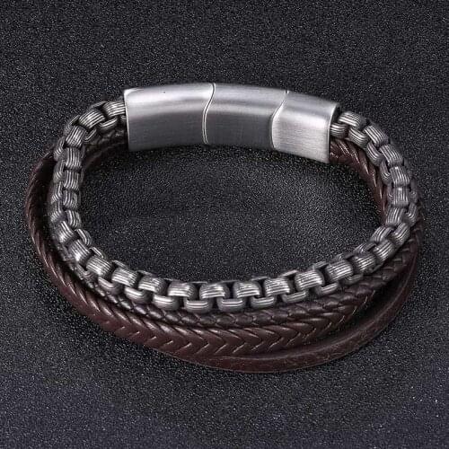 New 2021 High Quality Lucky Vintage Mens Leather Bracelet Black/Brown Charm Multilayer Braided Women Pulseira Masculina BB0998