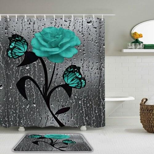 Rose&Butterfly Waterproof Shower Curtain Set Bathroom Non-slip Mat Set Rug Toilet Bath Mat Rugs Decor Shower Curtain With Hooks