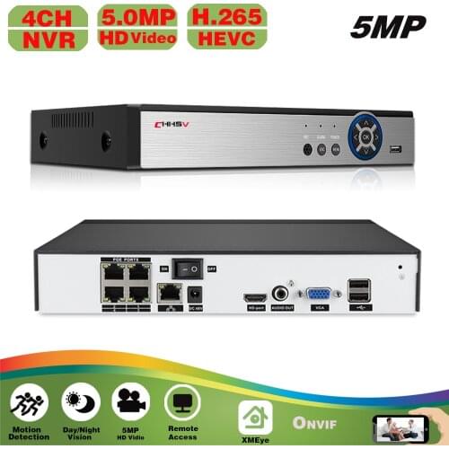 CHHSV XMeye 4ch 5MP POE NVR Face Recognition H.265+ Onvif Network Video Recorder Audio Record POE IP Camera Onvif P2P System