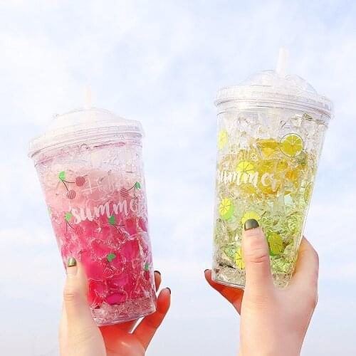 450ml Crushed Ice Type Straw Cup Plastic Fresh Summer Sippy Cup Double-layer Cold Drink Bottle With Bow Lid Refillable Bottles