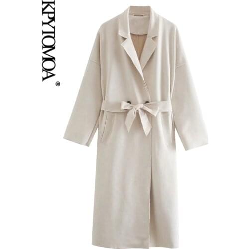 KPYTOMOA Women 2020 Fashion With Belt Faux Suede Trench Coat Vintage Long Sleeve Side Pockets Female Outerwear Chic Overcoat