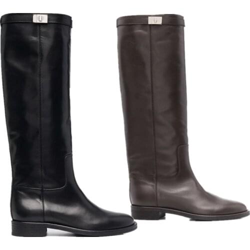 2021 New Winter Genuine Leather Women Knee-High Boots Low Heels Party Casual Long Shoes Woman Popular Fashion Buckle Warm Shoes