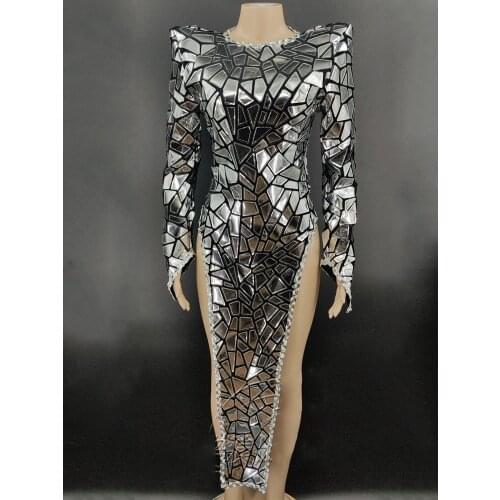 Female Singer Stage Costume Silver Mirror Dress Long Sleeve Prom Dresses Sexy Slit Party Outfit Dj Gogo Dancer Clothes VDB3105