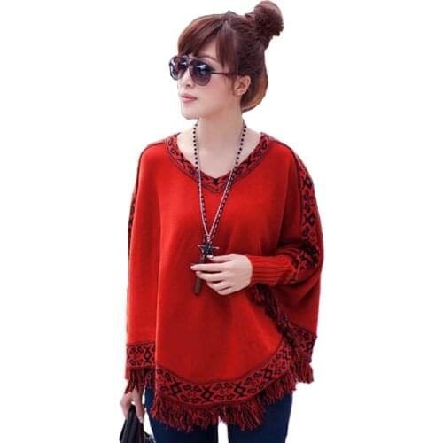 Knit Tassel Cloak Tops Women 2019 Spring Autumn Printed Long sleeves Sweater Fashion Female Large size Bat sleeve Shawl Sweaters