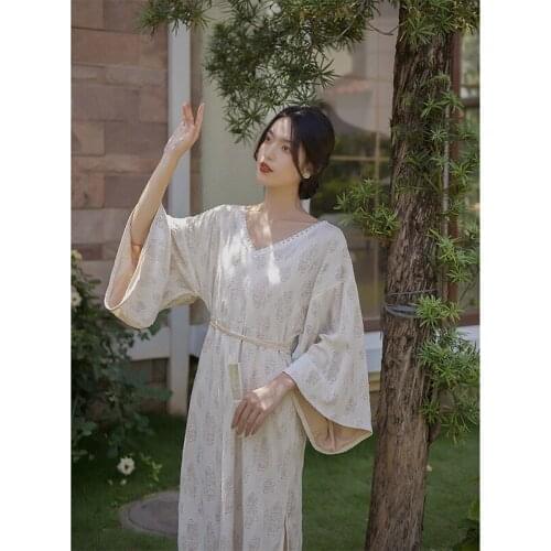 Elegant Dress Women Improved Cheongsam Chinese Style Wide-Sleeved Hollow Carved Lace Vintage Dress Summer 2021Literary Fan Dress