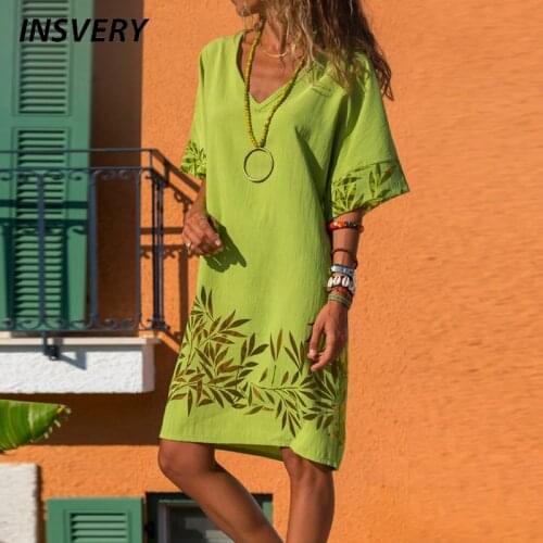 Women Short Sleeve Mini Dress V Neck Dresses For Women Elegant Print Party Dress Plus Size Summer Vintage Dress 2021