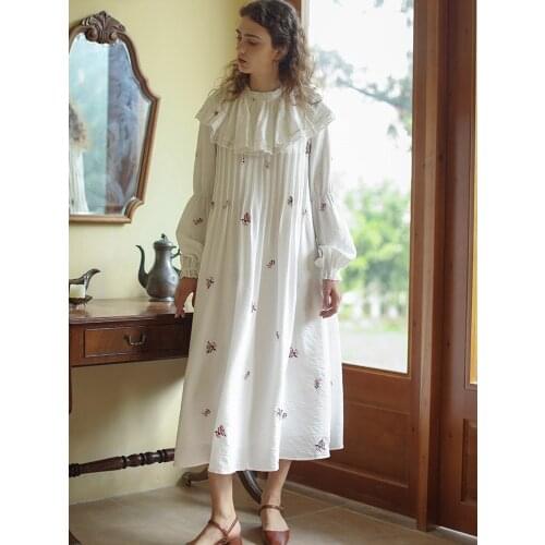 White Dresses Spring Summer Women Mori Girls Vintage Floral Embroidery Dress For Women Ruff Collar Loose Cotton Midi Dress