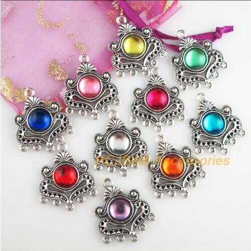 10 New Heart Charms Mixed Acrylic Flower Connectors Tibetan Silver Tone 26x31mm