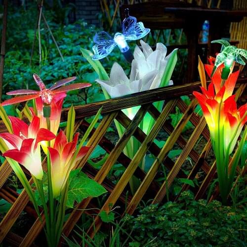 3Pc Pink Solar Lily Flower Lights with Butterfly Dragonfly Hummingbird,Outdoor Garden Lights Decor Waterproof