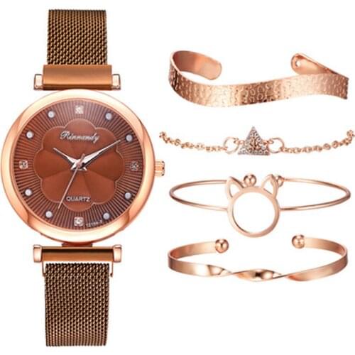 5pcs Set Fashion Women Watches Luxury Magnet Buckle Flower Rhinestone Watch Ladies Quartz Wrist Watch Bracelet Set