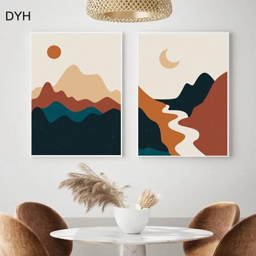 Abstract Landscape Poster Boho Sun Moon Mountains Wall Art Picture Print Canvas Painting Contemporary Living Room Decoration