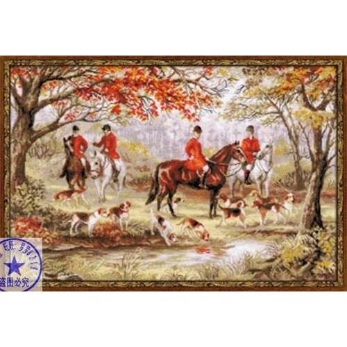 Free Delivery Top Quality Lovely Counted Cross Stitch Kit Hunting Riding Horses Dogs In the Woods Forest