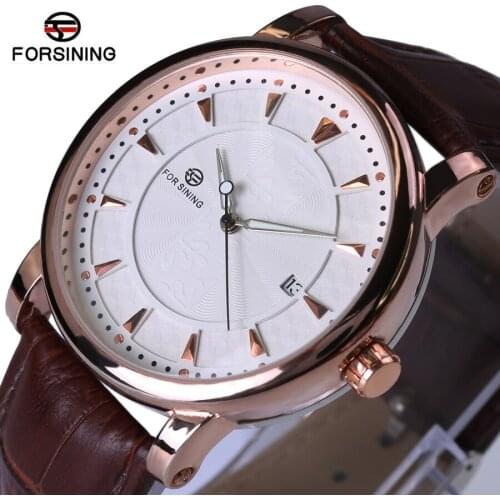 Forsining Watches Classic Mens AUTO Date automatic Mechanical Watch Self-Winding Analog Skeleton Brown Leather Man Wristwatch