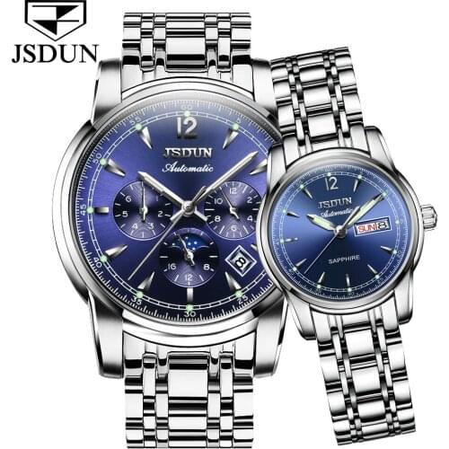 JSDUN Luxury Couple Mens Watch Fashion Stainless Steel Mechanical Watch Ladies Dress Waterproof Couple Watch Relojes Hombre