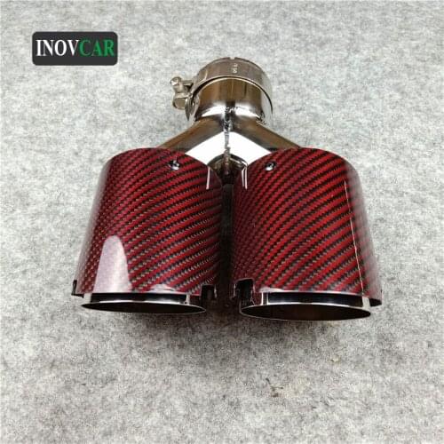 1 Piece Y Style Car Exhausts Double Pipes With Shiny Red Carbon Fiber and Silver Stainless Steel For All Car
