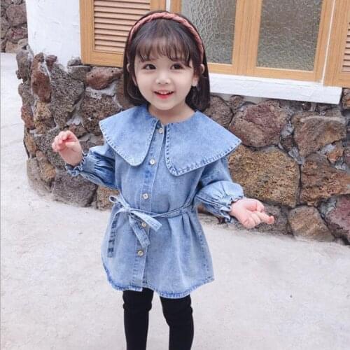 DFXD New Arrival Spring Denim Shirts For Girls Korean Kids Clothes Cotton Long Jeans Blouse Shirts With Belt Fashion Girls Tops