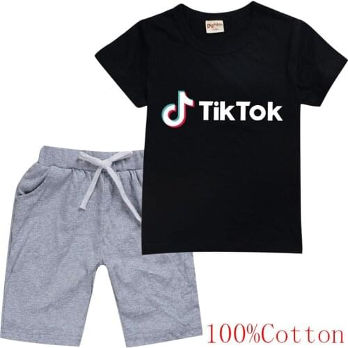 TIK TOK Boys Girls fashion cartoon print childrens short-sleeved cotton T-shirt + shorts suit set