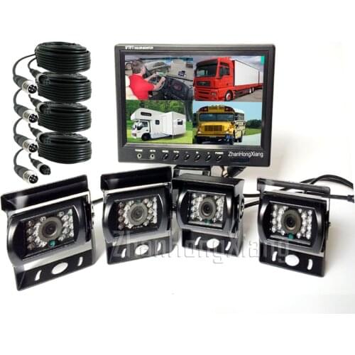 4x 1080P 4Pin IR Car Front Side Reversing Rear View Backup Camera Kit +9 inch IPS 4CH Quad Split Monitor System For RV Bus Truck