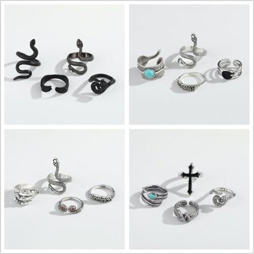 4PCS New Punk Vintage Snake Cross Ring Set For Men Women Gothic Hiphop Rock Black Mamba Feather Eagle Paw Male Ring Jewelry T2-1