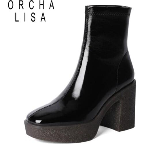 SIMLOVEYO Short Ankle Boots Women Patent Leather Pull On Strenchy Platform Block Thick High Heel Ladies Round Toe Office S2375