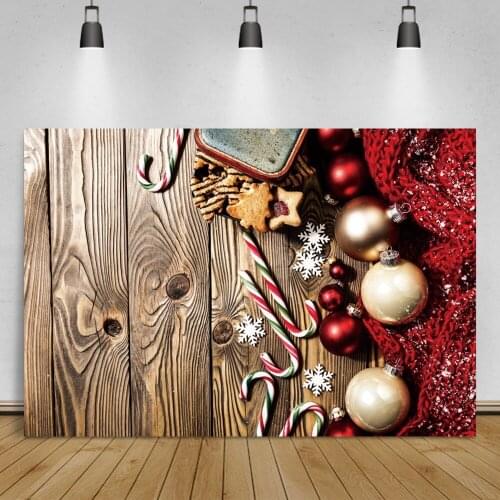 Laeacco Vintage Wooden Boards Texture Christmas Background Gold Balls Candy Snowflake Poster Photographic Photo Backdrop Banner