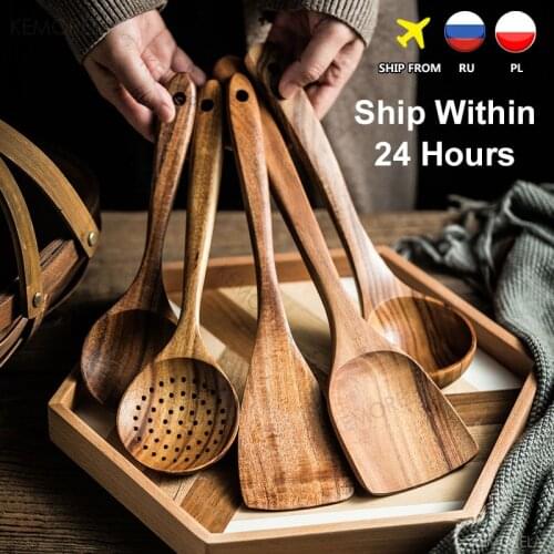 Thailand Teak Natural Wood Tableware Spoon Ladle Turner Long Rice Colander Soup Skimmer Cooking Spoons Scoop Kitchen Tool Set