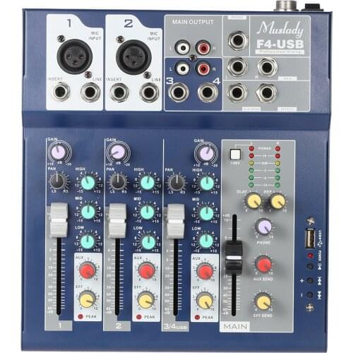 Muslady F4 Professional Metal 4 Channel Live Mixer Mixing Console 3-Band EQ USB Function 48V Phantom with Bulit-in Effect