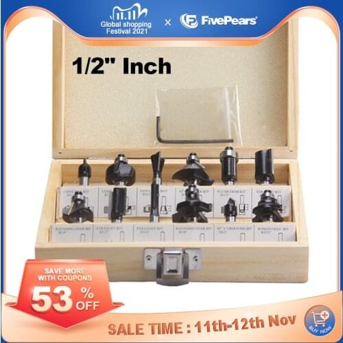 FivePears 12pcs 1/2" Shank Router Bits Set Professional Tungsten Carbide Router Bit Cutter Set With Wooden Storage Box