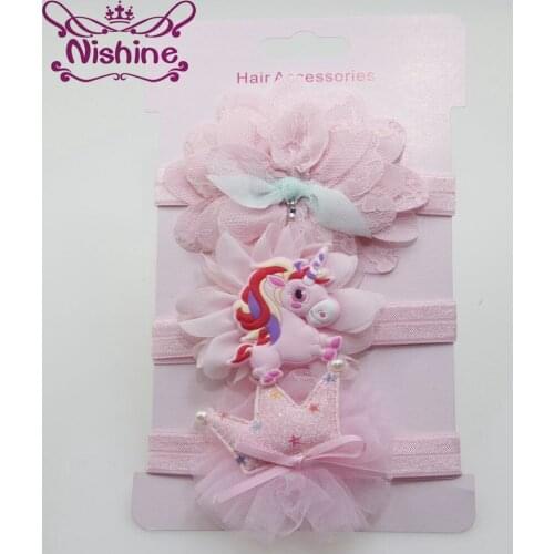 Nishine 3pcs/set Unicorn Crown Kids Headband Flower Hair Bows Unicorn Hairbands Set Girls Birthday Gifts Party Headwear