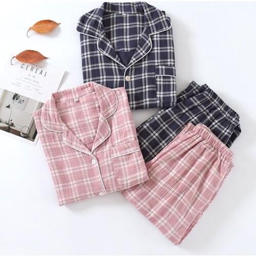 Fdfklak New Couple Pajamas Suit Plaid Gauze Cotton Women Pajamas Home Clothes Pyjamas Long Sleeve Loungewear Spring Autumn
