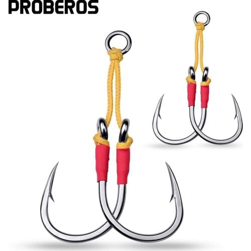PROBEROS 10Paris/lot Metal Jig Fishing Hooks 1/0-3/0-5/0-7/0-9/0-11/0-13/0# Jigging Assist Fishhooks With PE Line Feather Solid