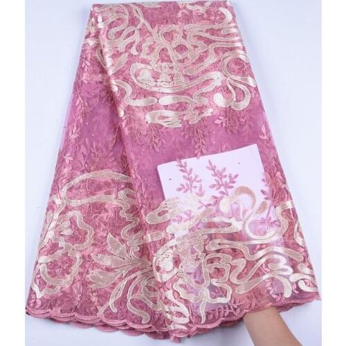 Pink African Lace Fabric 2019 High Quality Lace Beaded French Net Embroidery Tulle Lace Fabric For Nigerian Party Dress S1207