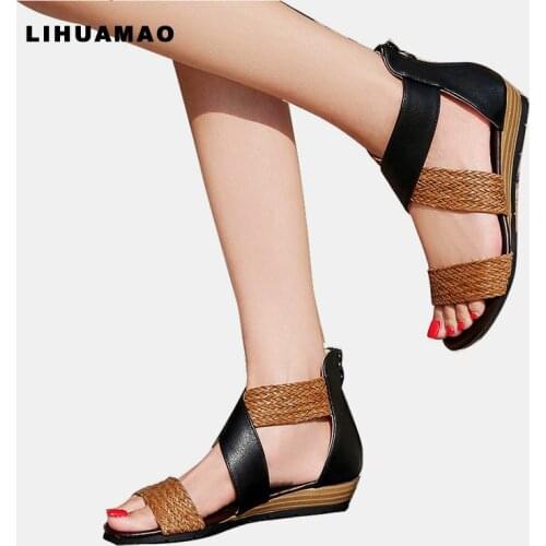 LIHUAMAO Vintage Wedges Sandals for women ankle strap gladiator beach sandals Ladies comfortable casual shoes party
