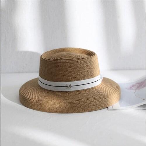 Summer New M letter Retro Ribbon Braided Flat Head Straw Hat Lady Hepburn Wide-brim Sun Hat British Style Sunscreen Beach Cap