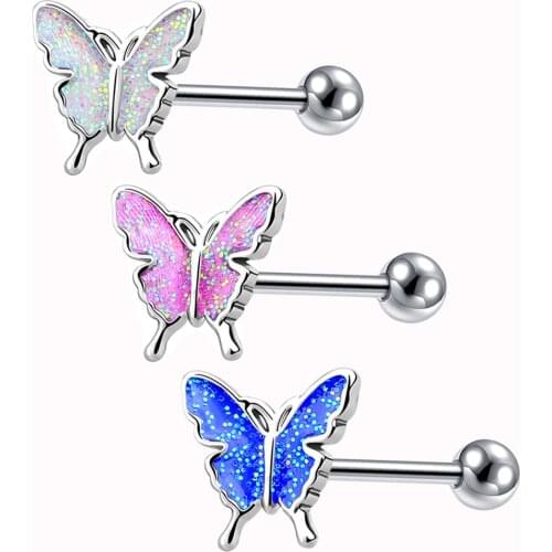 Starbeauty New Rainbow Sequins Butterfly Tongue Piercing Barbell 14G Tongue Rings Surgical Steel Bars Tounge Ring Unisex Jewelry