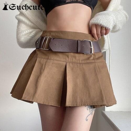 SUCHCUTE Womens A-Line Mini Skirt With Sashes Streetwear Fashion Low Waist Pleated Skirt Preppy Style Casual Basic 90s Outfits