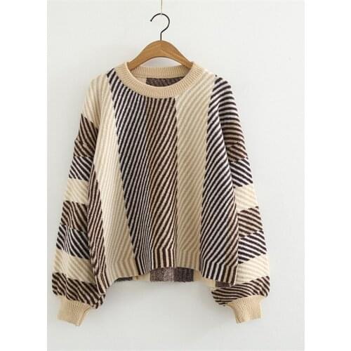 High Quality Korean Autumn Winter Womens Sweaters Striped Lantern Sleeve Knit Sweater Ladies Casual Loose Pullover And Jumper